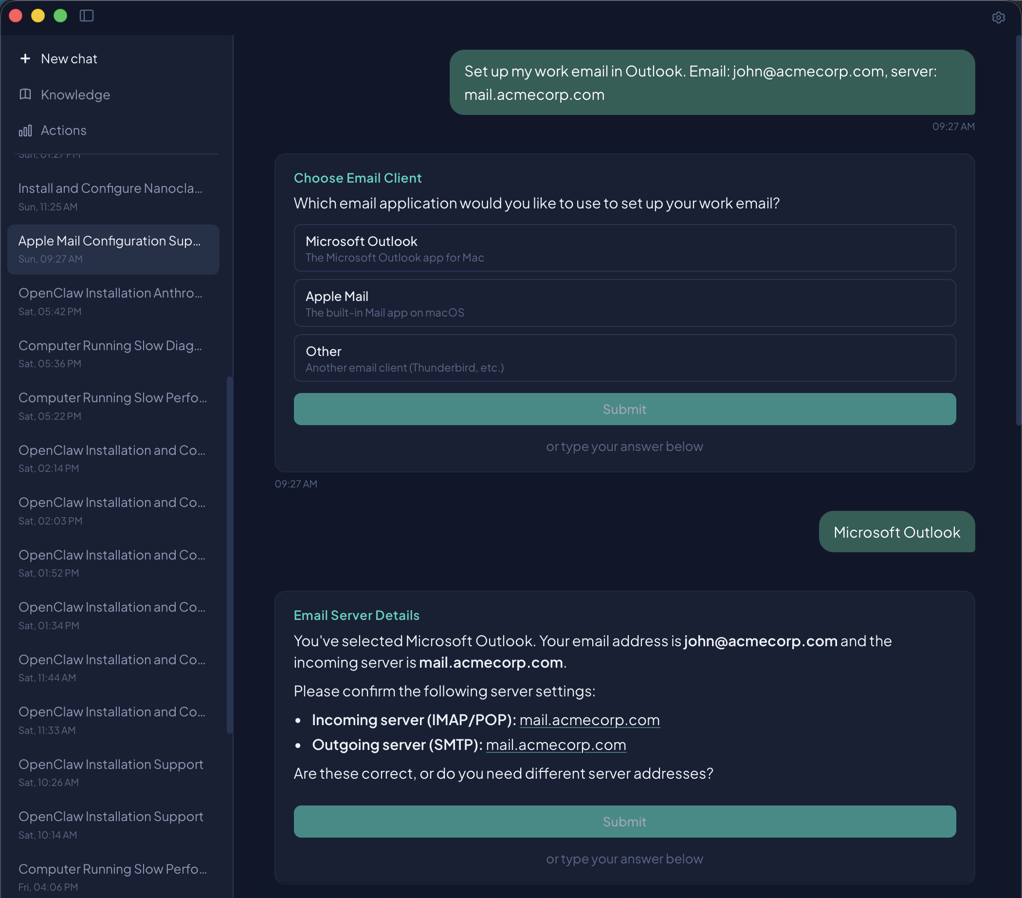 Noah helping set up work email in Microsoft Outlook — showing the conversational interface with guided steps