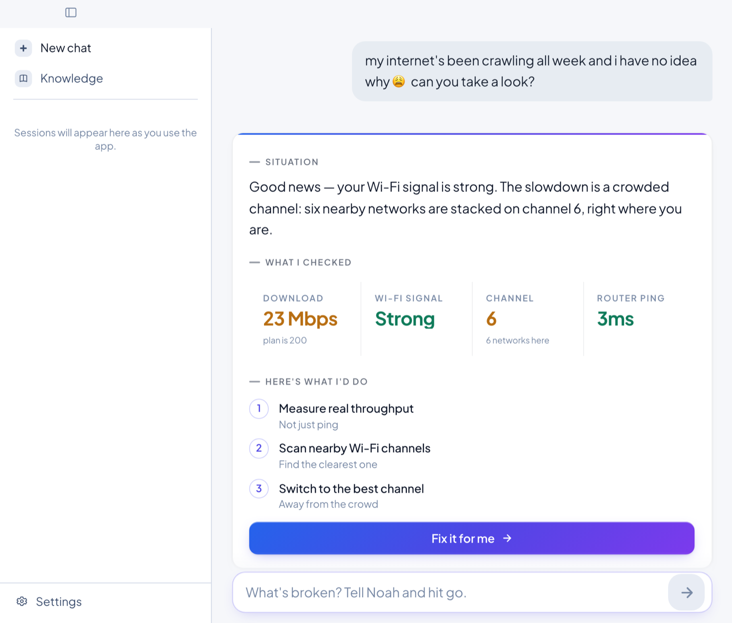 A plain-English ask — "my internet's been crawling" — and Noah's reply: it's a crowded Wi-Fi channel, with the numbers it measured and a short plan to fix it