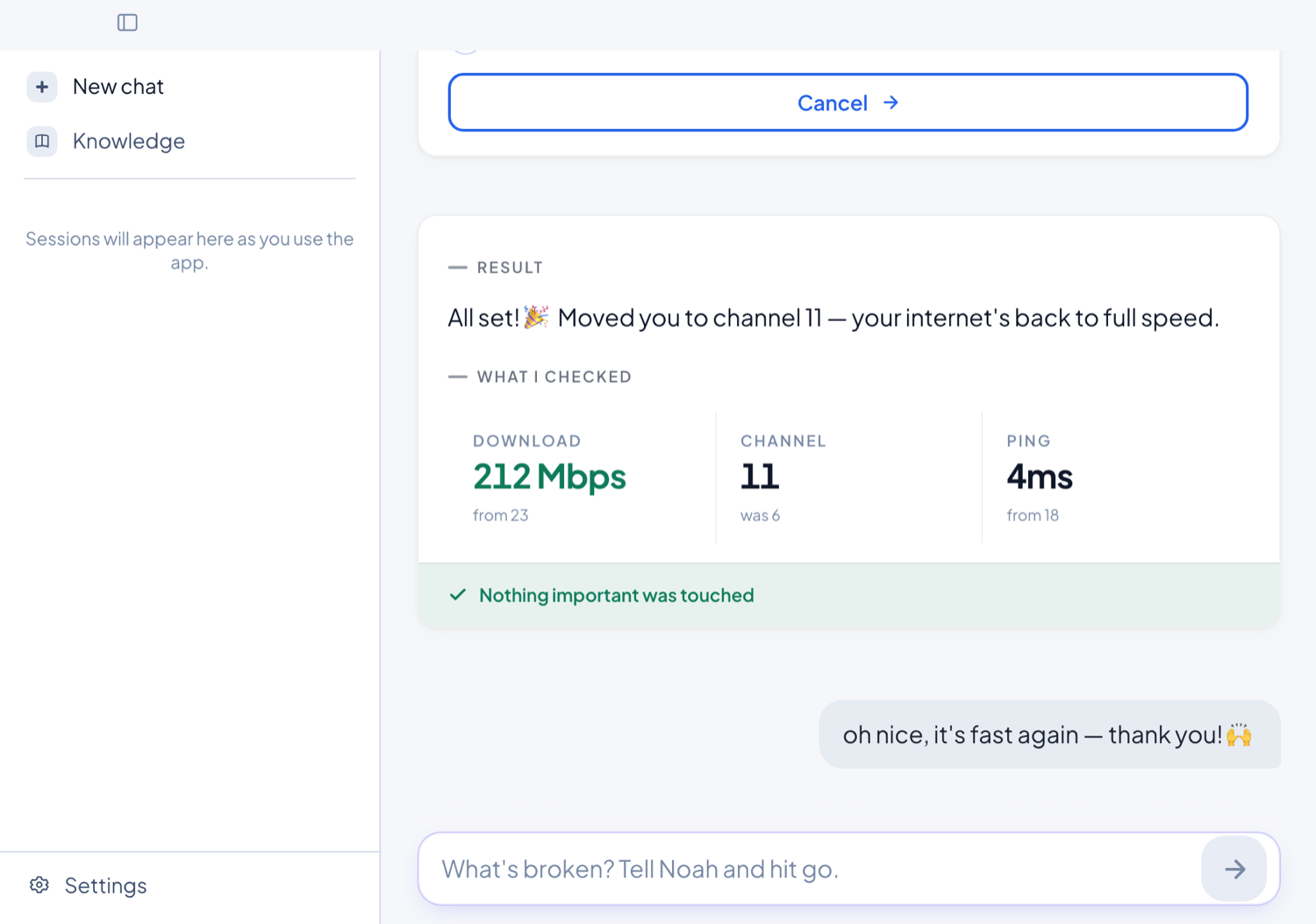 Noah's result: switched to a clearer Wi-Fi channel, download back up from 23 to 212 Mbps, a note that nothing important was touched — and the user replying that it's fast again