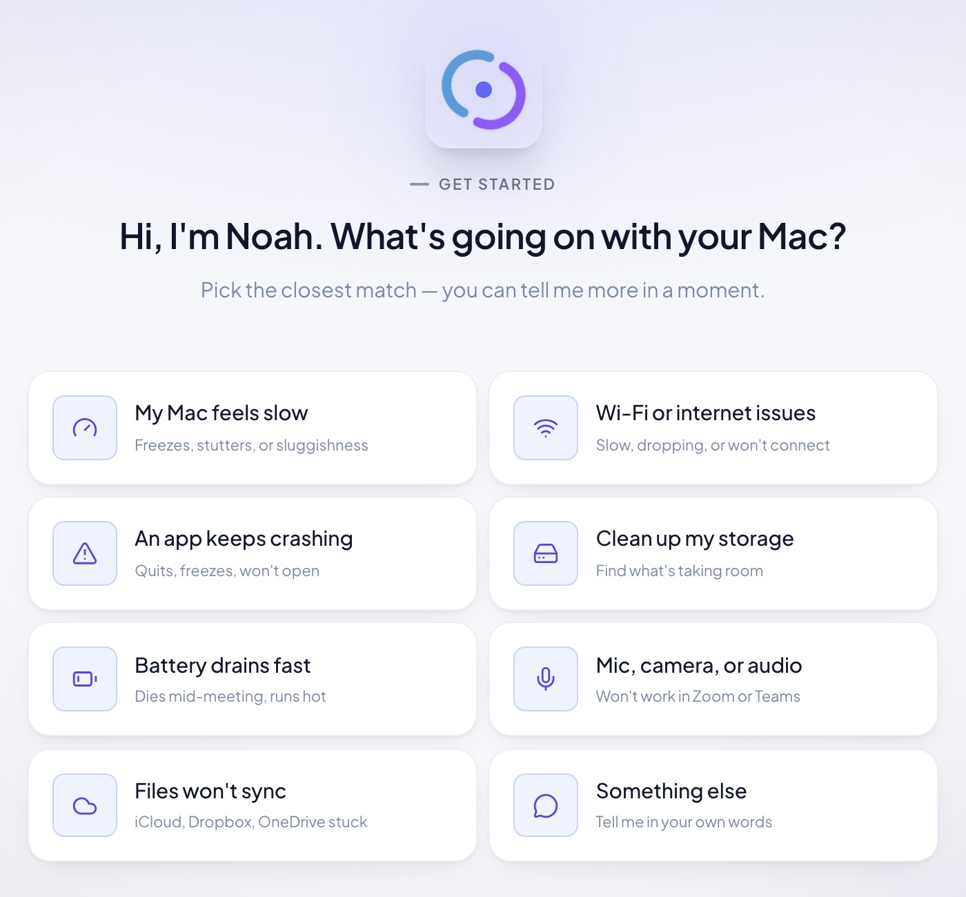 Noah's welcome screen — "Hi, I'm Noah. What's going on with your Mac?" with eight common problems to choose from